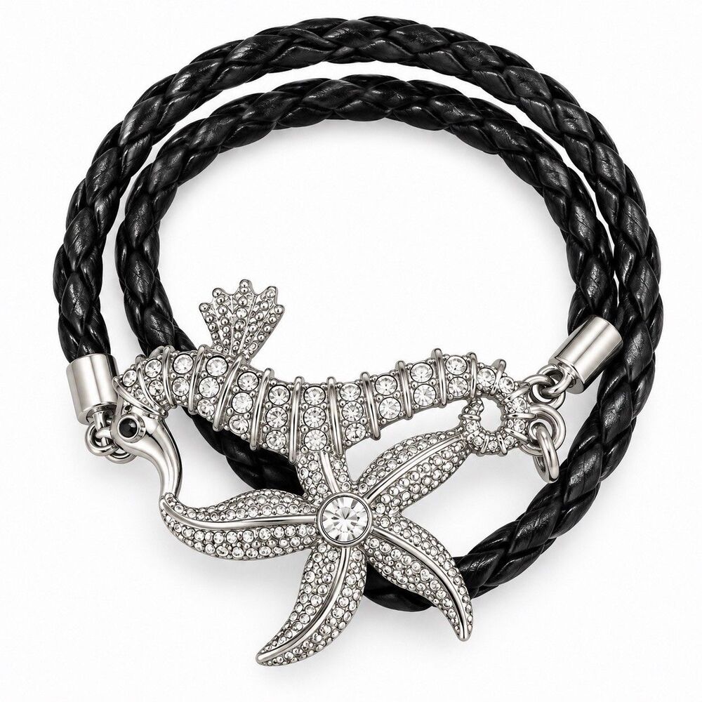 Black Braided Seahorse Starfish Bracelet Silver Tone Crystal Rhinestone Wrap